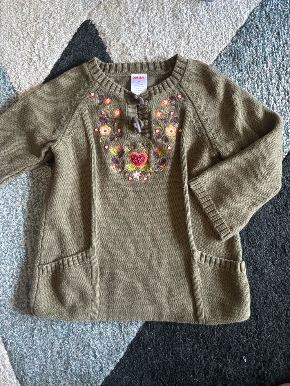 Vintage Gymboree Embroidered Fall Knit Tunic Sweater Olive Green Girls Size 4